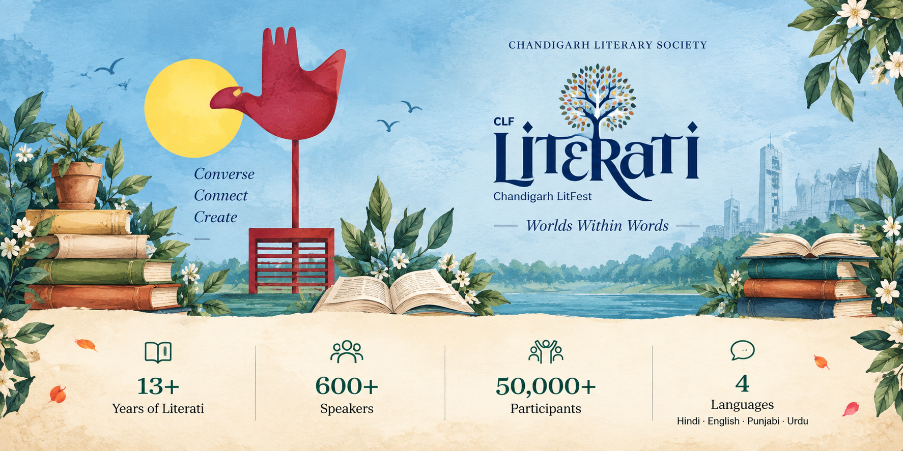 Chandigarh Literary Society. CLF Literati, Chandigarh LitFest — Worlds Within Words. Converse, Connect, Create. 13+ years of Literati; 600+ speakers; 50,000+ participants; 4 languages: Hindi, English, Punjabi and Urdu.