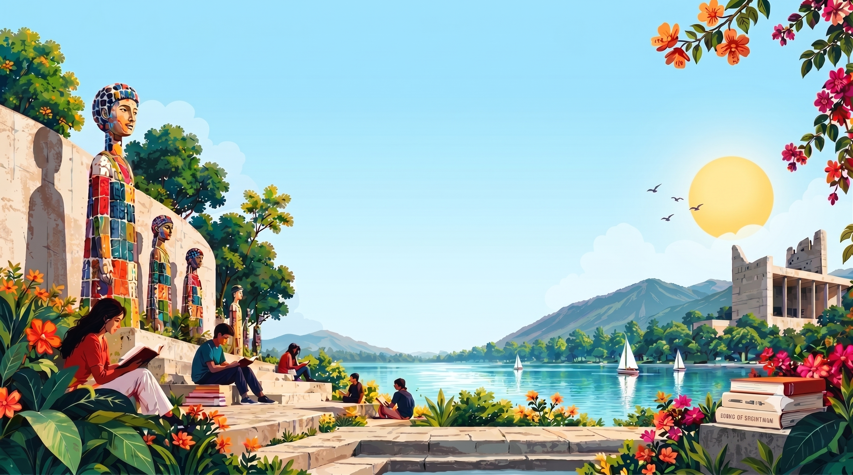 An illustrated Chandigarh with Rock Garden sculptures, readers, Sukhna Lake, and the Capitol Complex